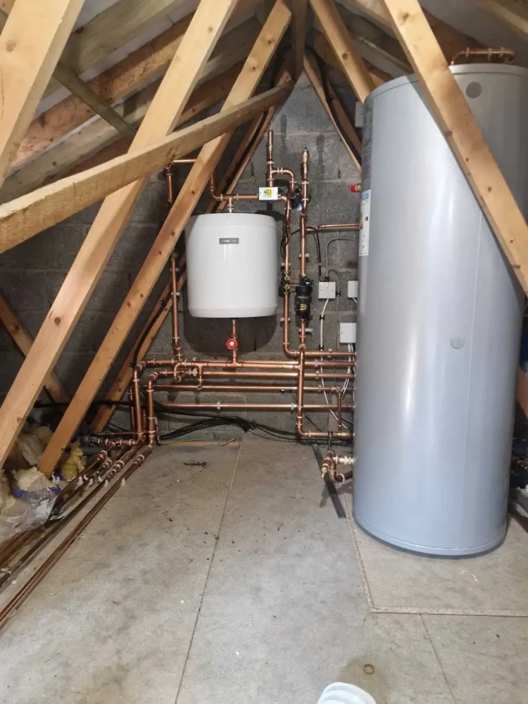 Joule 200L unvented hot water cylinder newly installed in a loft